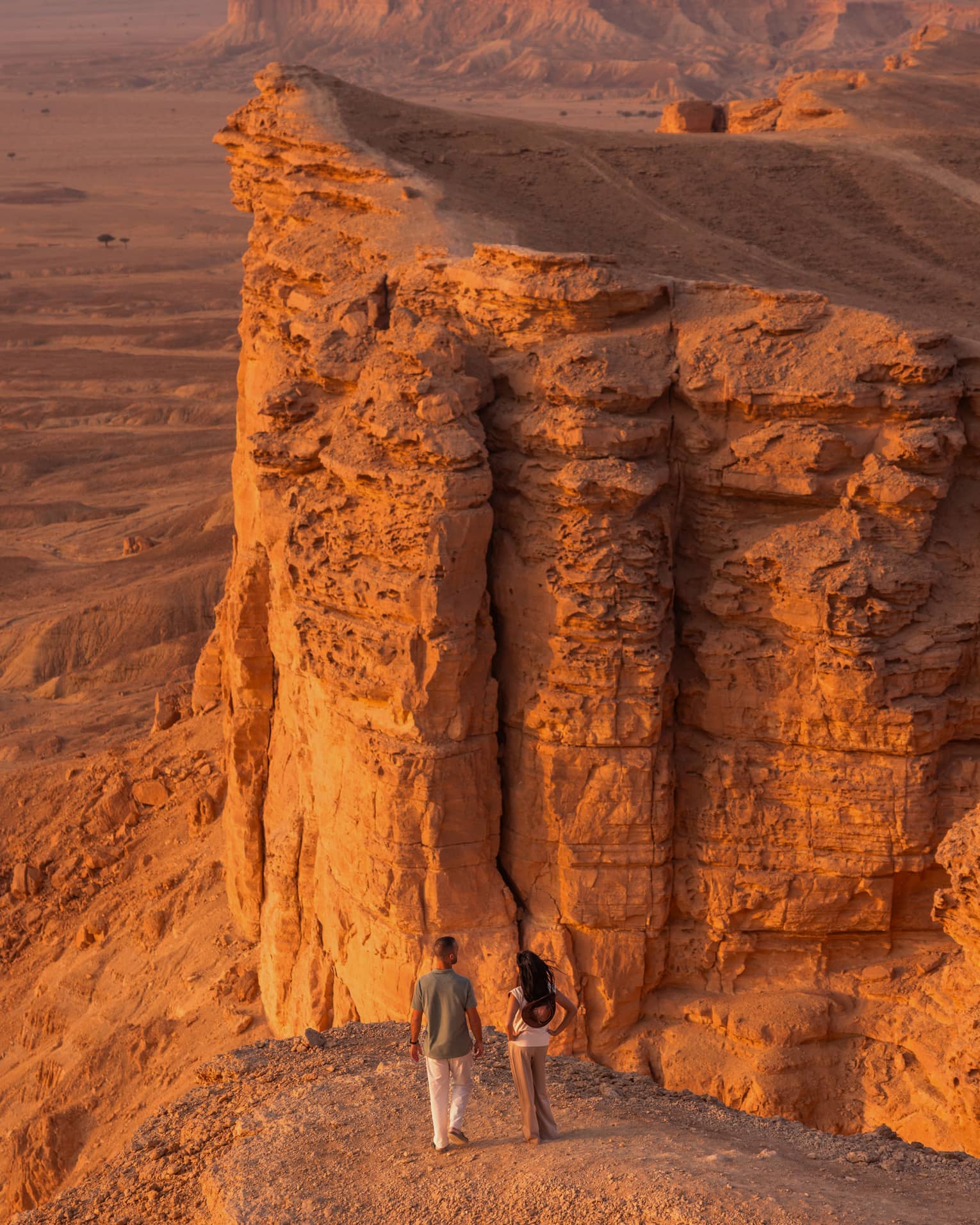 Two people walking in a desert landscape