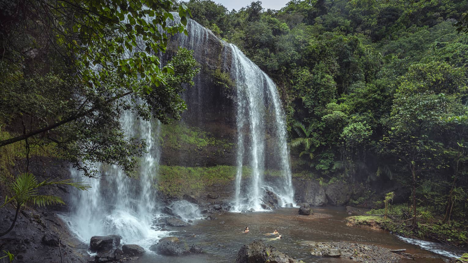 Water cascading over a mossy cliff encompassed by lush greenery; below the waterfall, three people relax in the plunge pool.