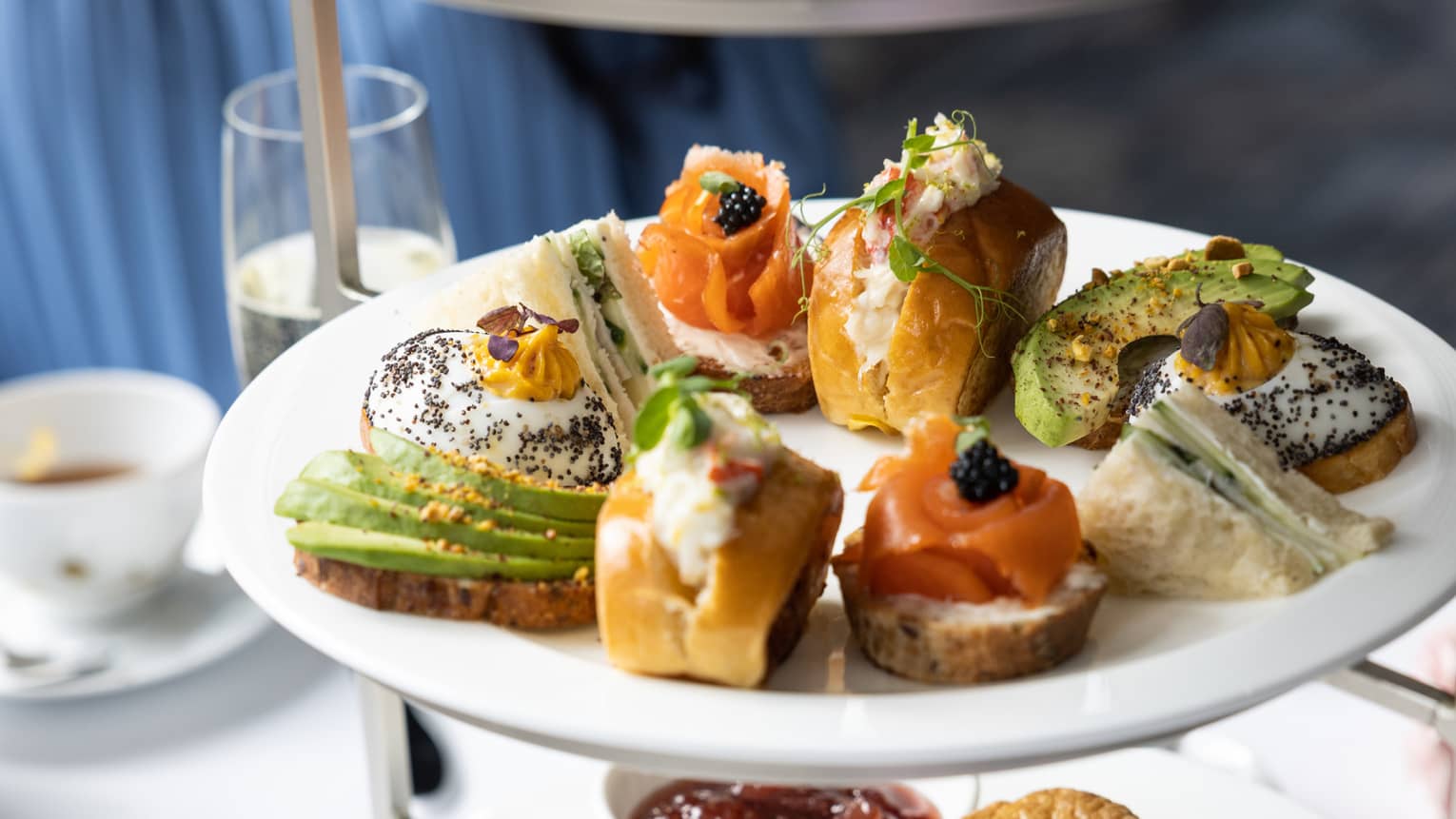 Plate of assorted bite-sized food.