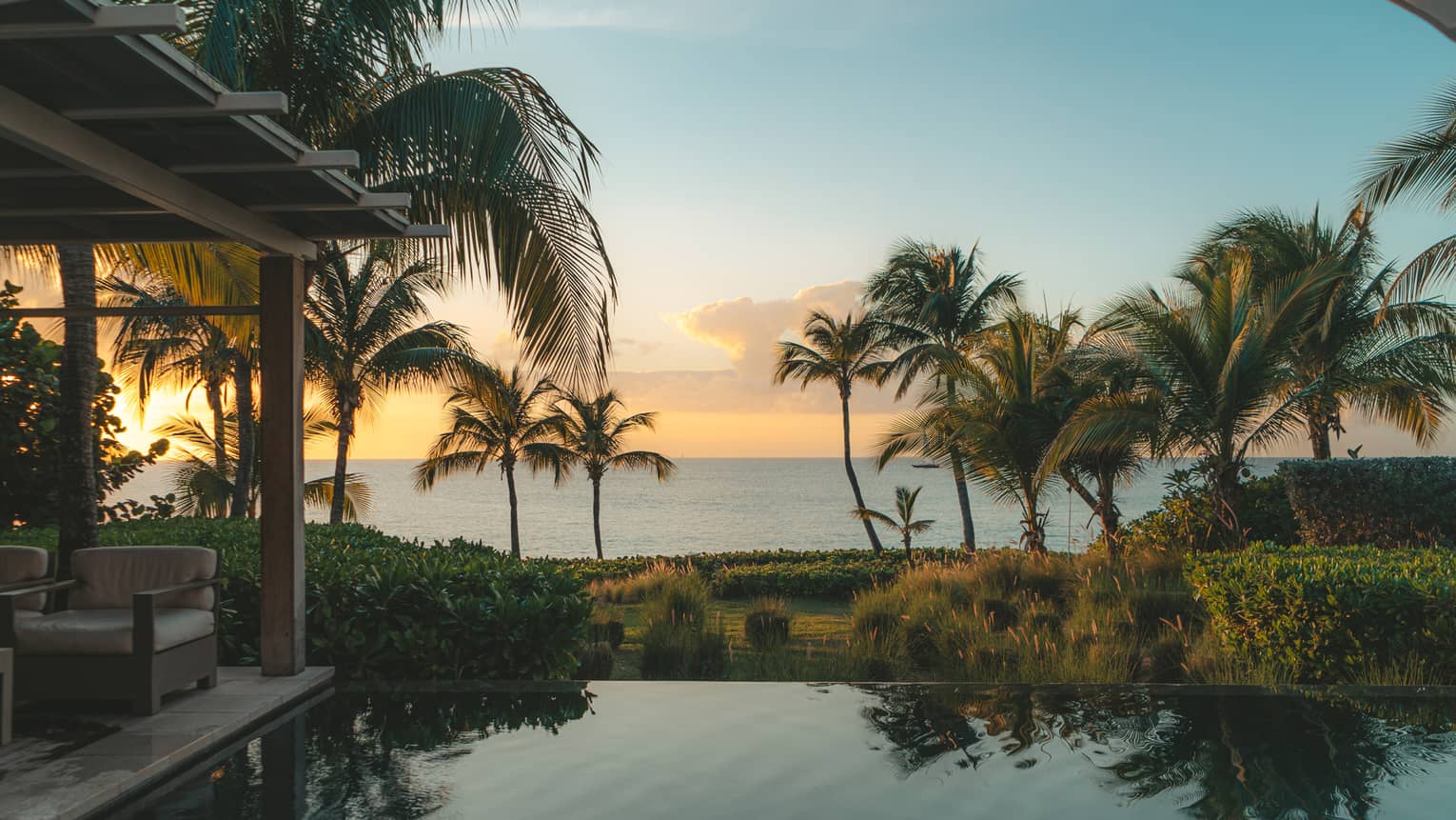 Infinity pool overlooking the ocean at sunset, with palm trees and lush tropical landscaping.