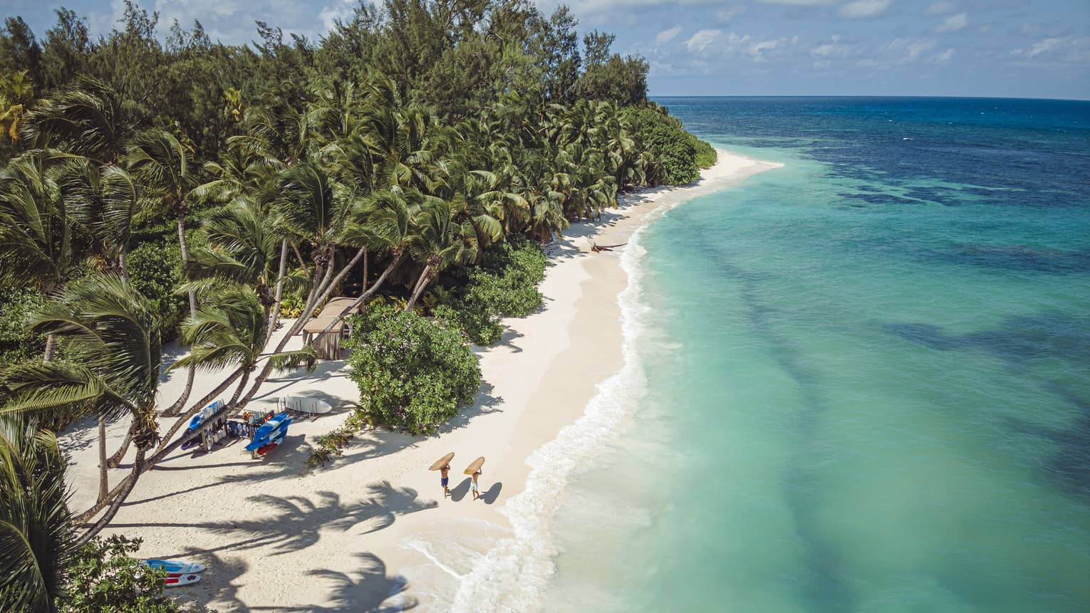 Tropical beach with turquoise water, and narrow white-sand beach in between sea and trees