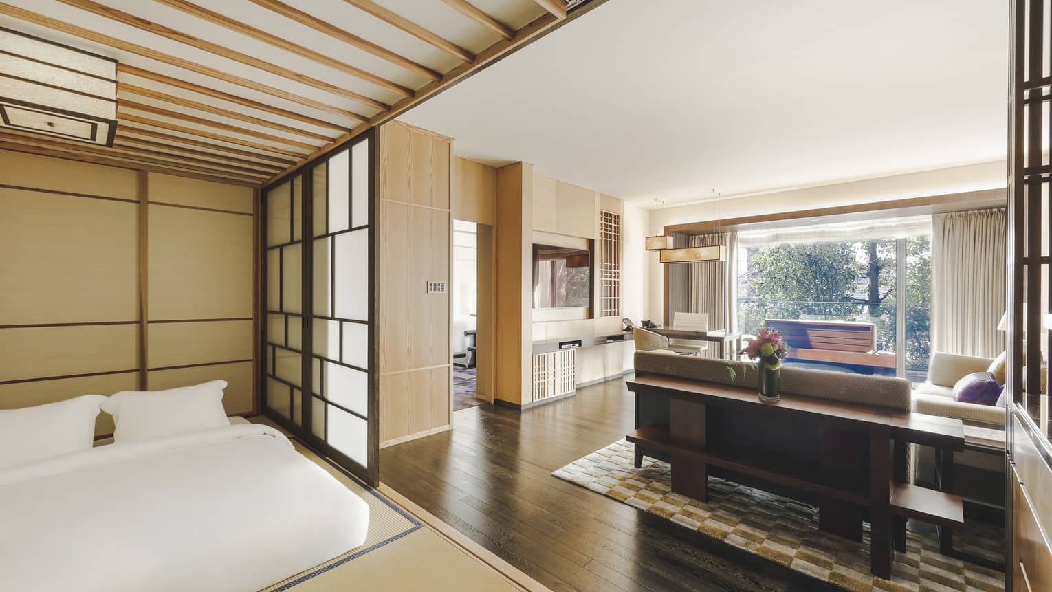 Tatami-style hotel room with Japanese-inspired decor