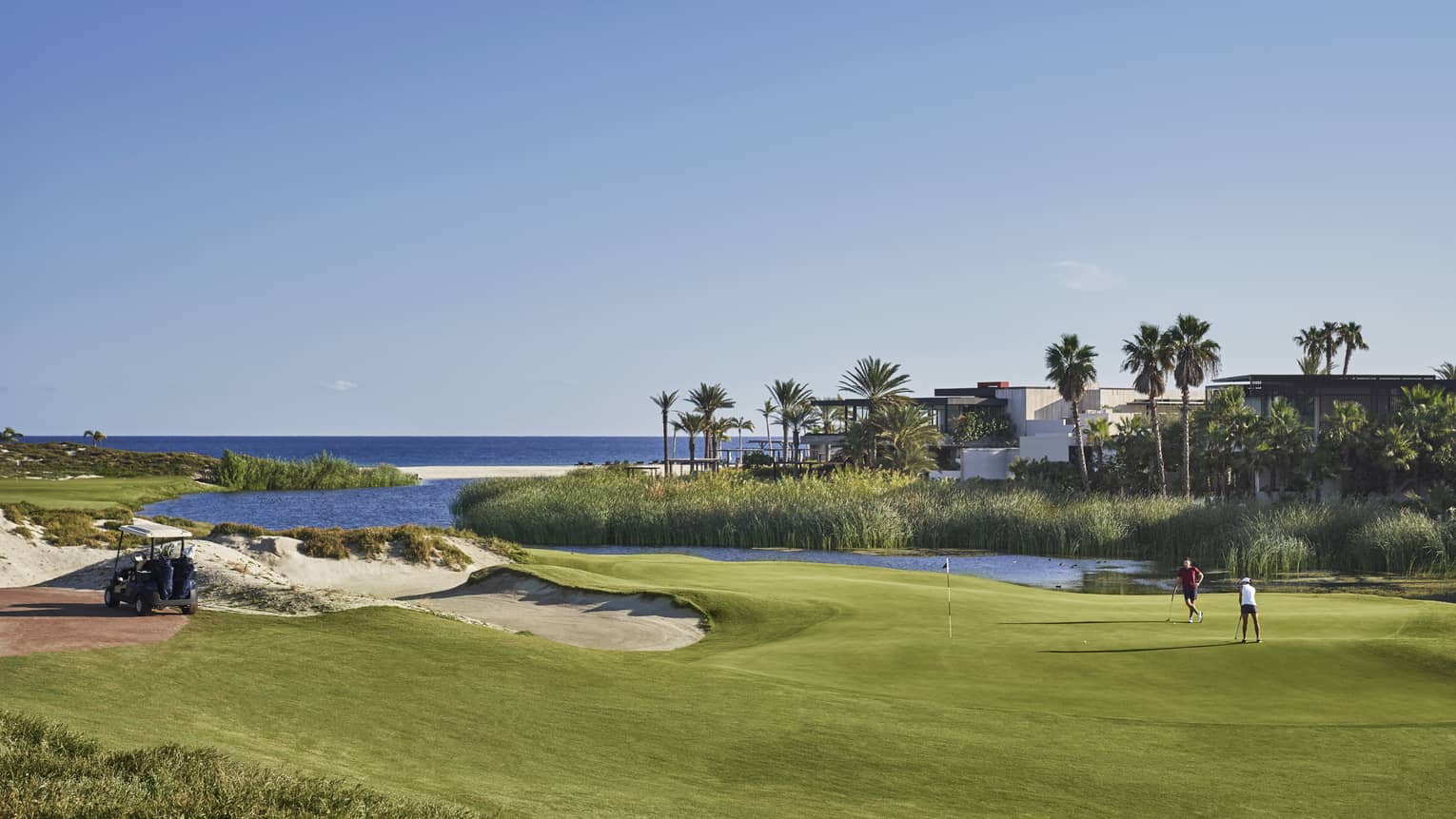 Two golfers putting with the landscape and ocean around them