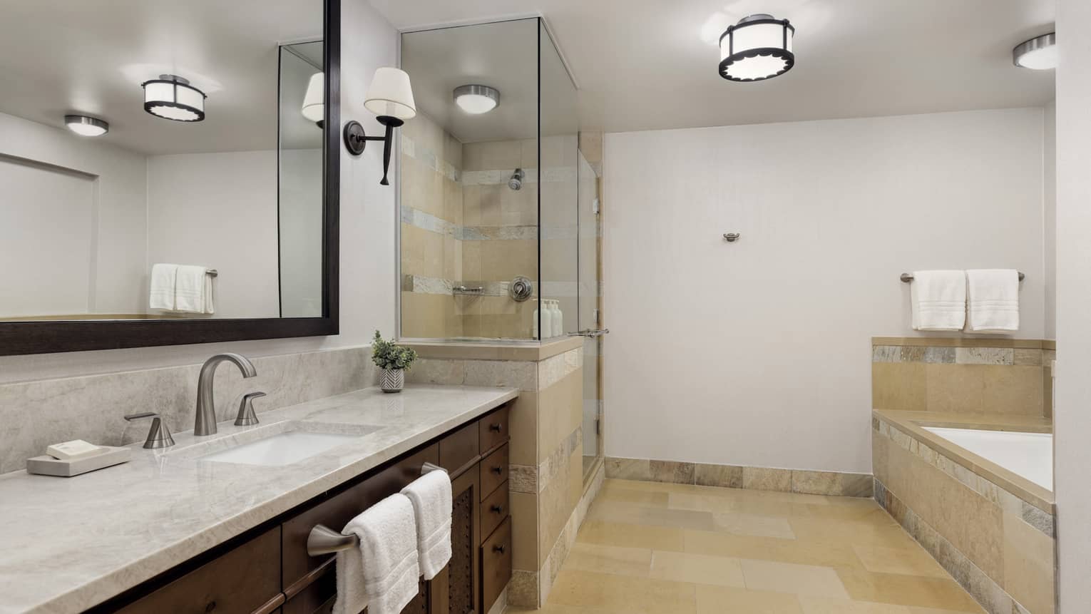 Large bathroom with separate tub and shower