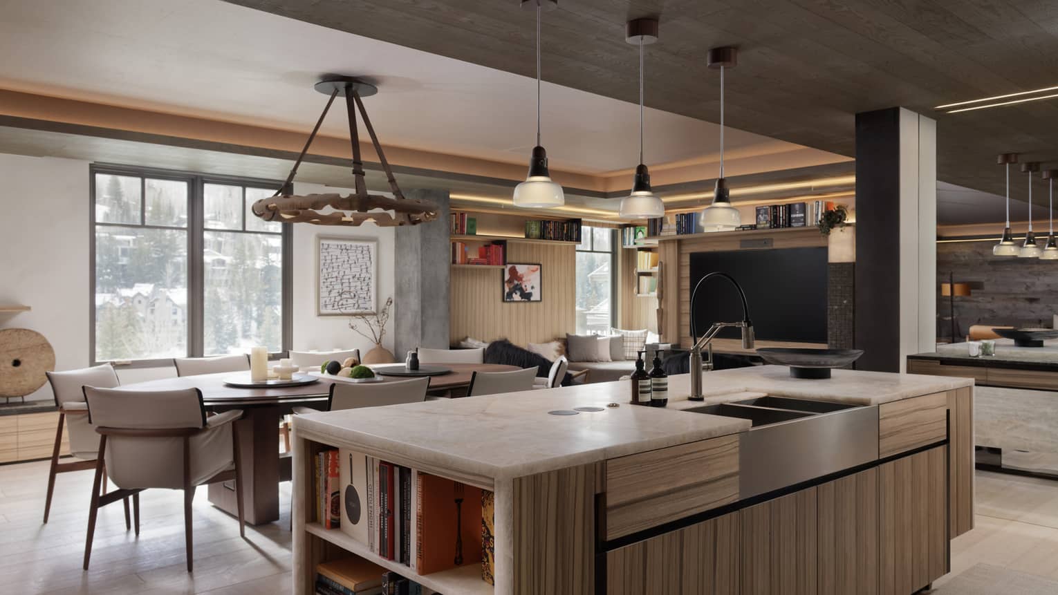 Contemporary kitchen island leading into contemporary living and dining room