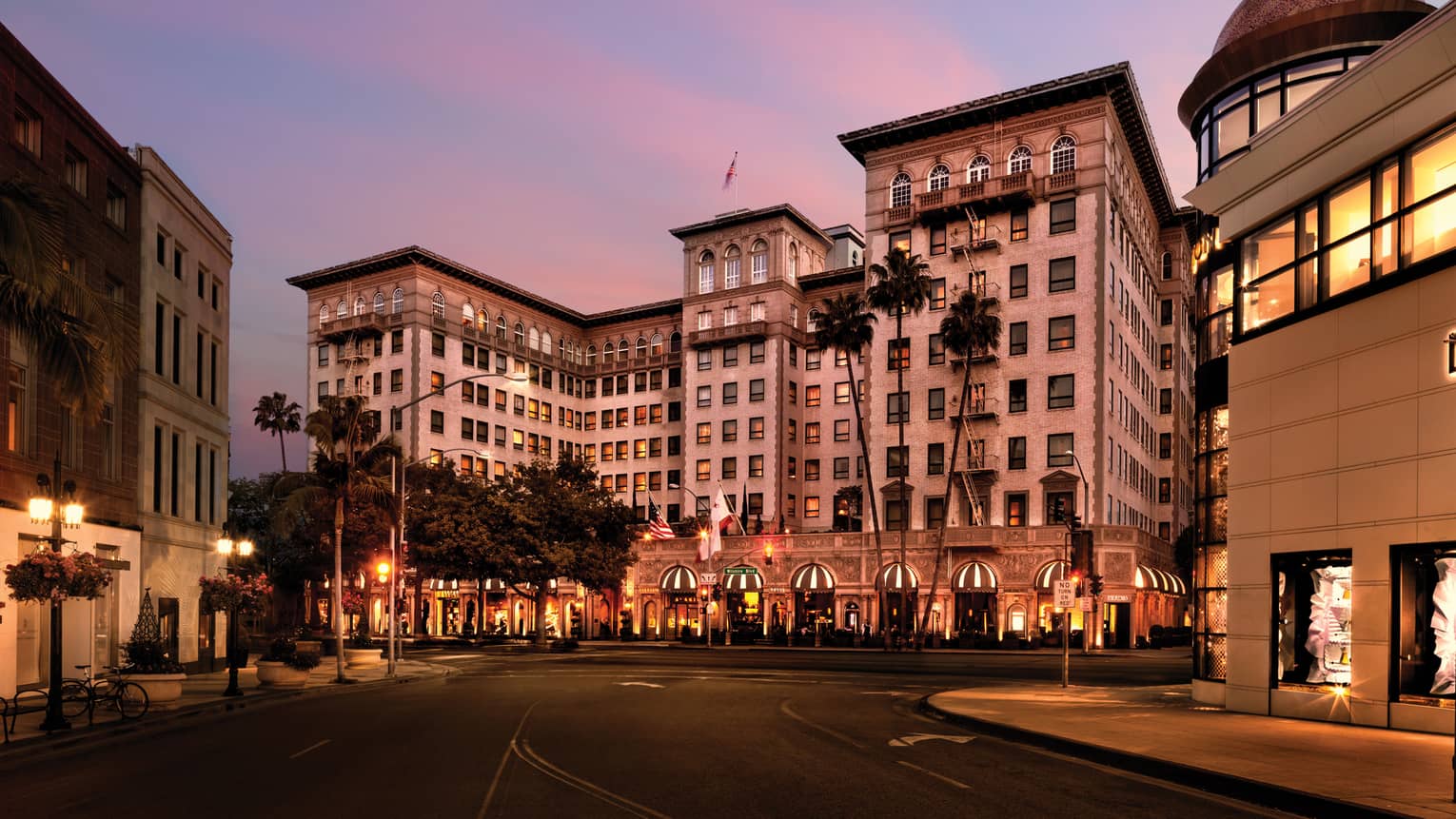 Beverly Wilshire, A Four Seasons Hotel building exterior, entrance at sunset