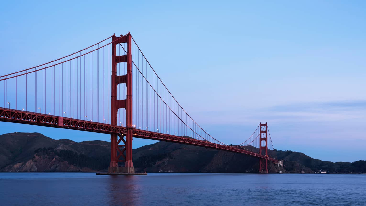 Expansive view of the Golden Gate Bridge at dusk