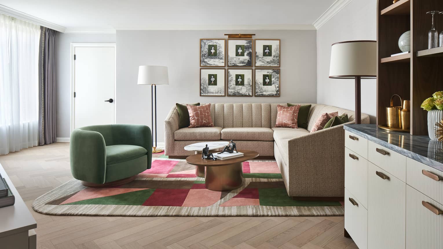 Luxury hotel suite living room with wet bar at Four Seasons Hotel Washington, DC