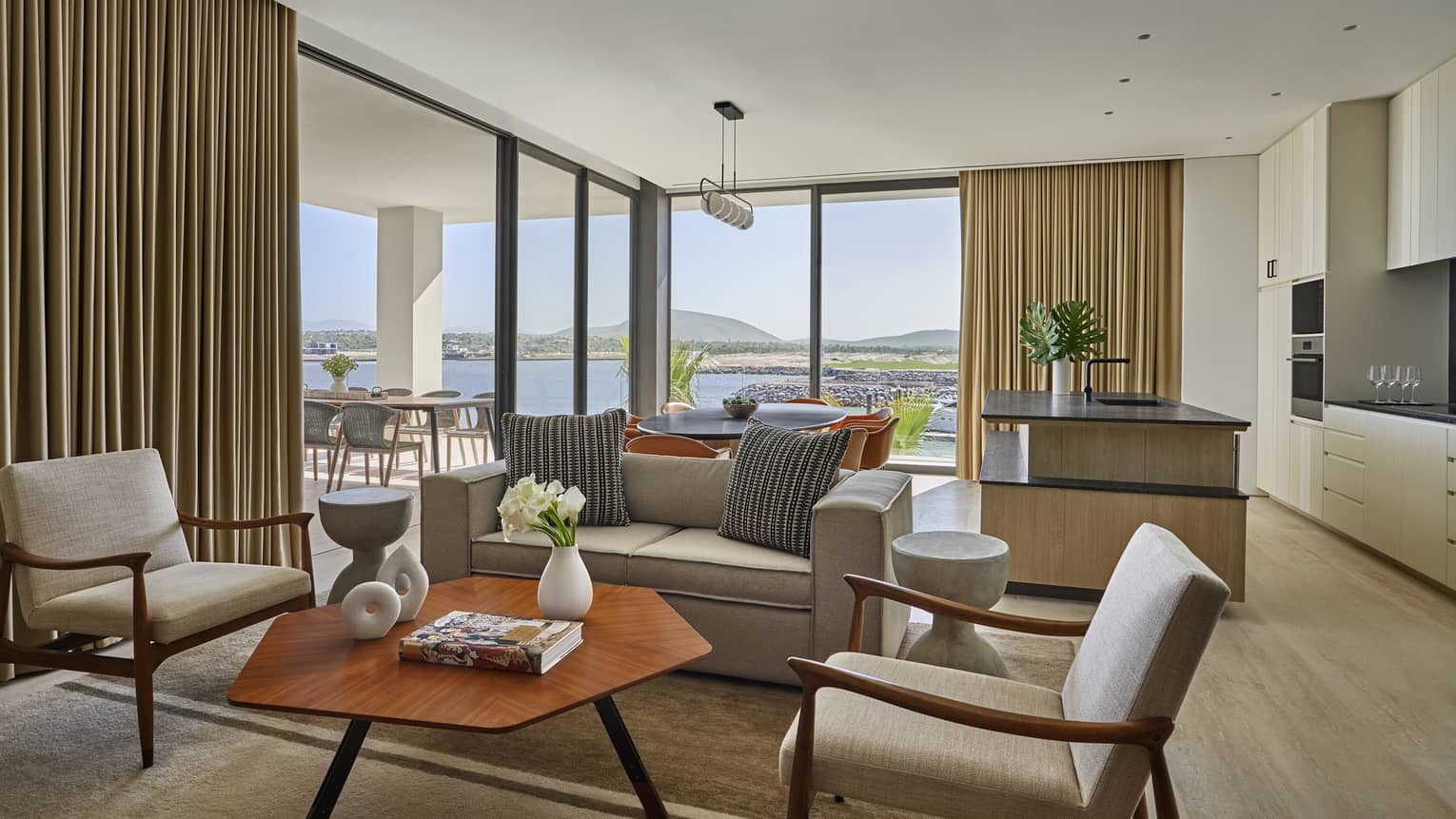 Contemporary ocean-view living room and kitchen