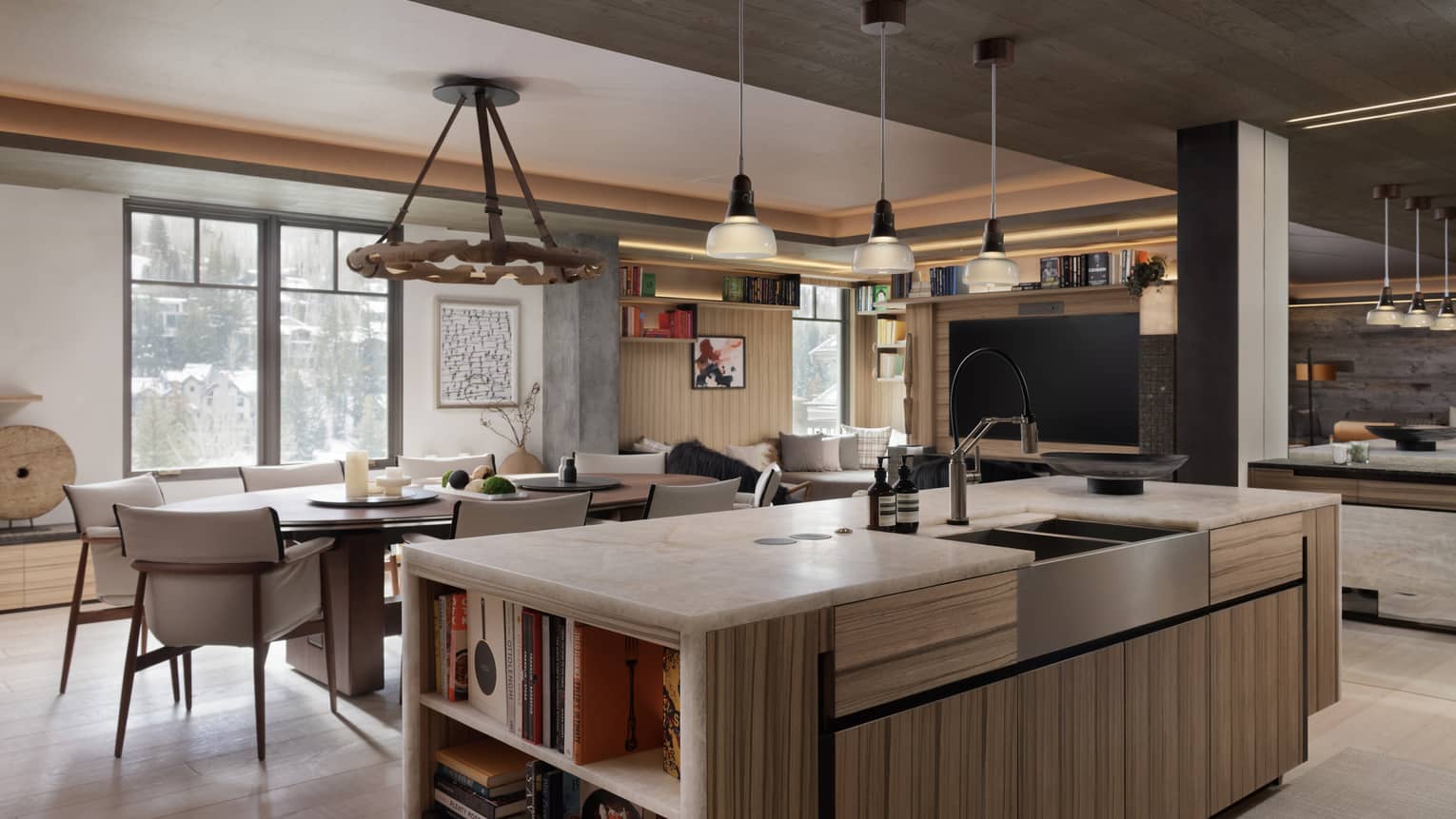 Contemporary kitchen island leading into contemporary living and dining room