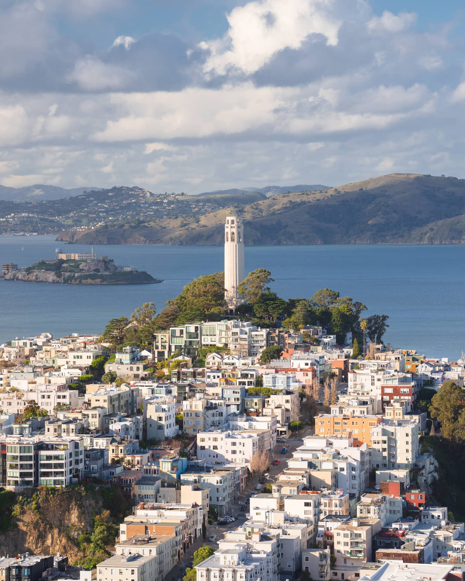 A slender white tower rises amid treetops overlooking San Francisco’s colourful buildings, with Alcatraz Island beyond.