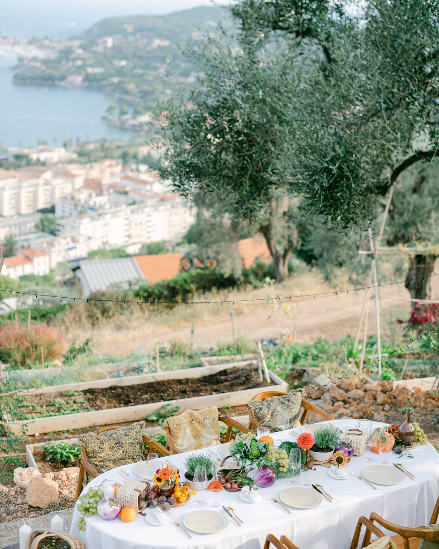 Aerial view of garden dining setup with oval table draped in white and garden bounty down centre on hillside with water view