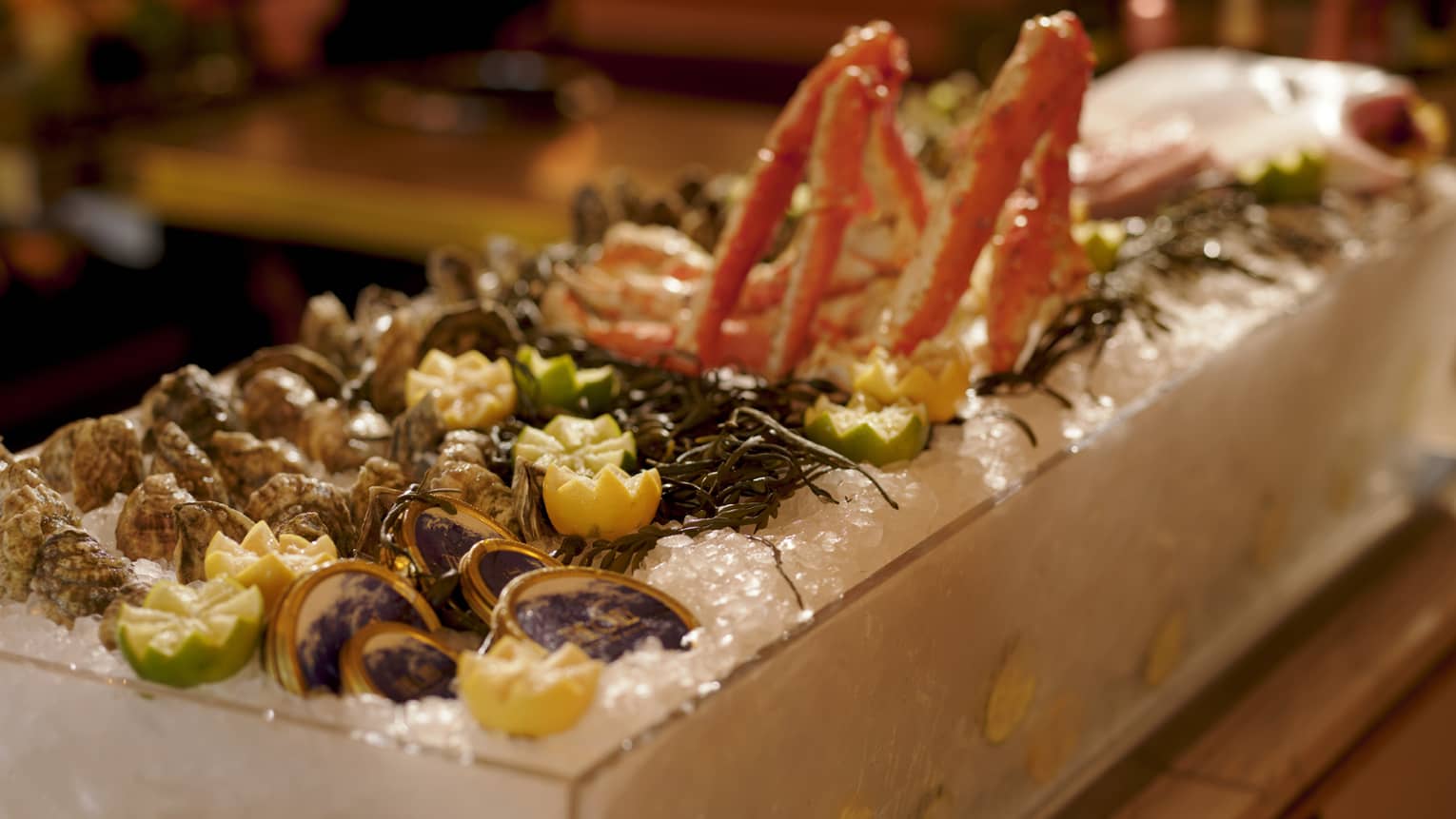 Large spread of seafood served on ice