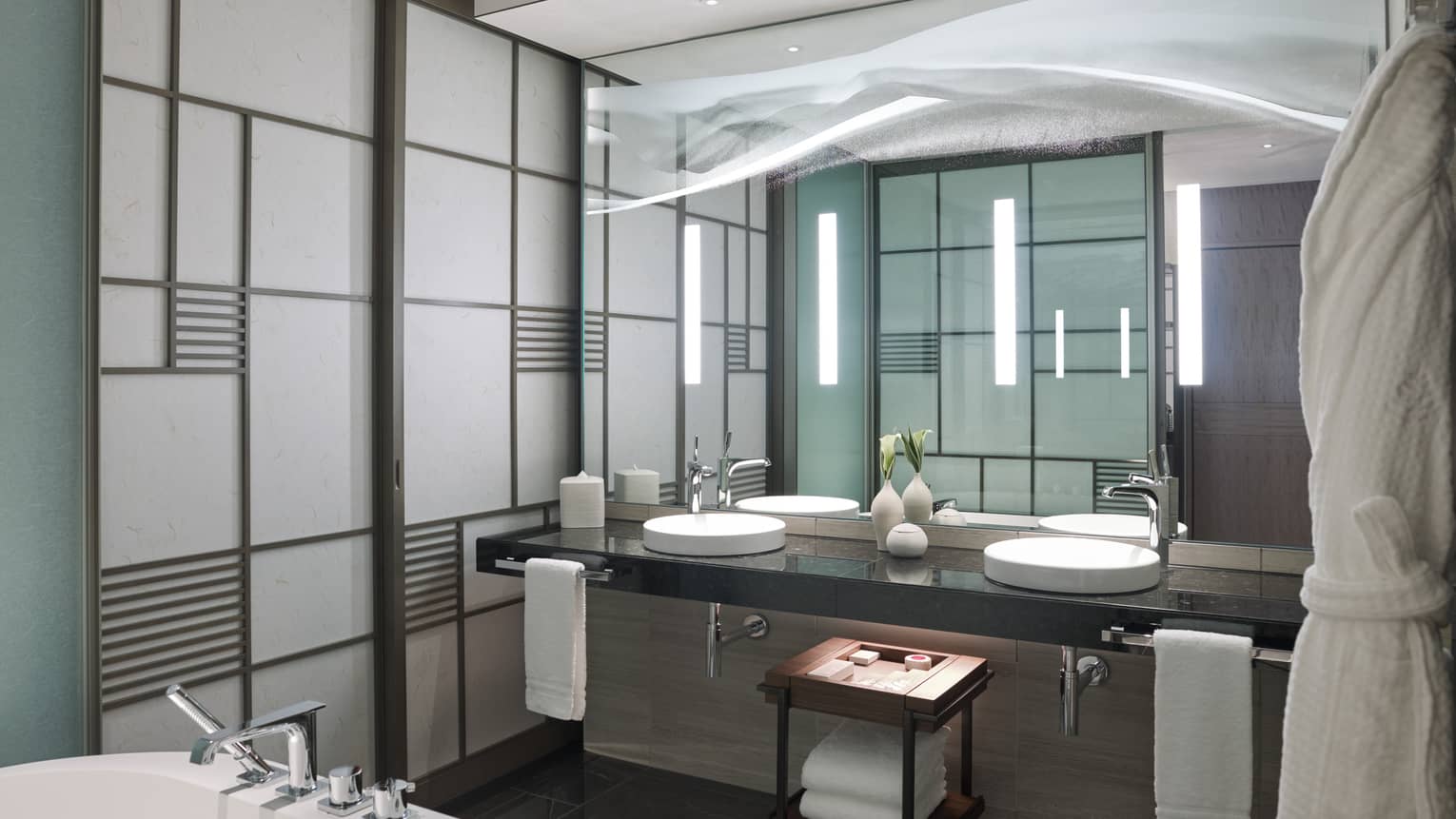 Modern bathroom with a double-sink vanity, large mirror and sleek accent lighting, featuring light-coloured panelled walls