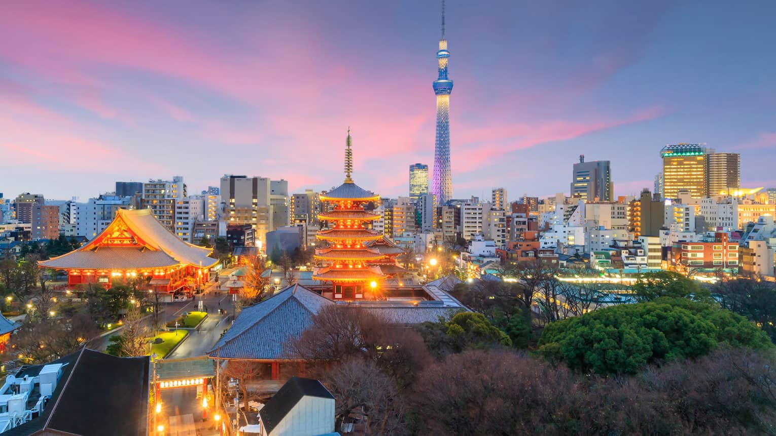 Illuminated city buildings, temples at night
