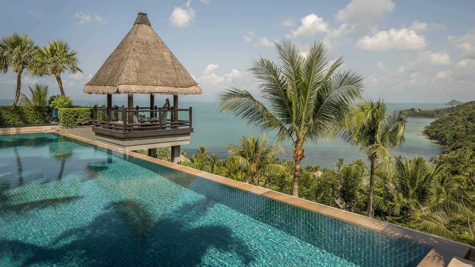 Thatched-roof pavilion at edge of outdoor swimming pool overlooking tropical trees, mountain, ocean