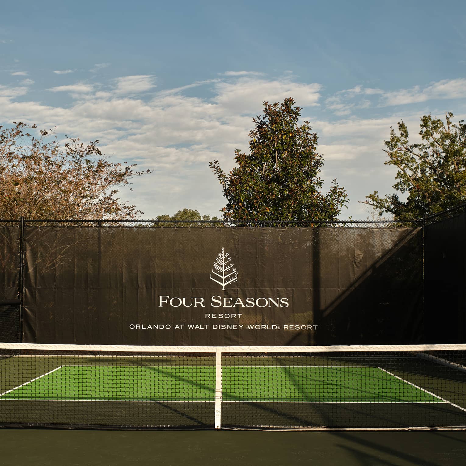 A pickleball court with trees in the background