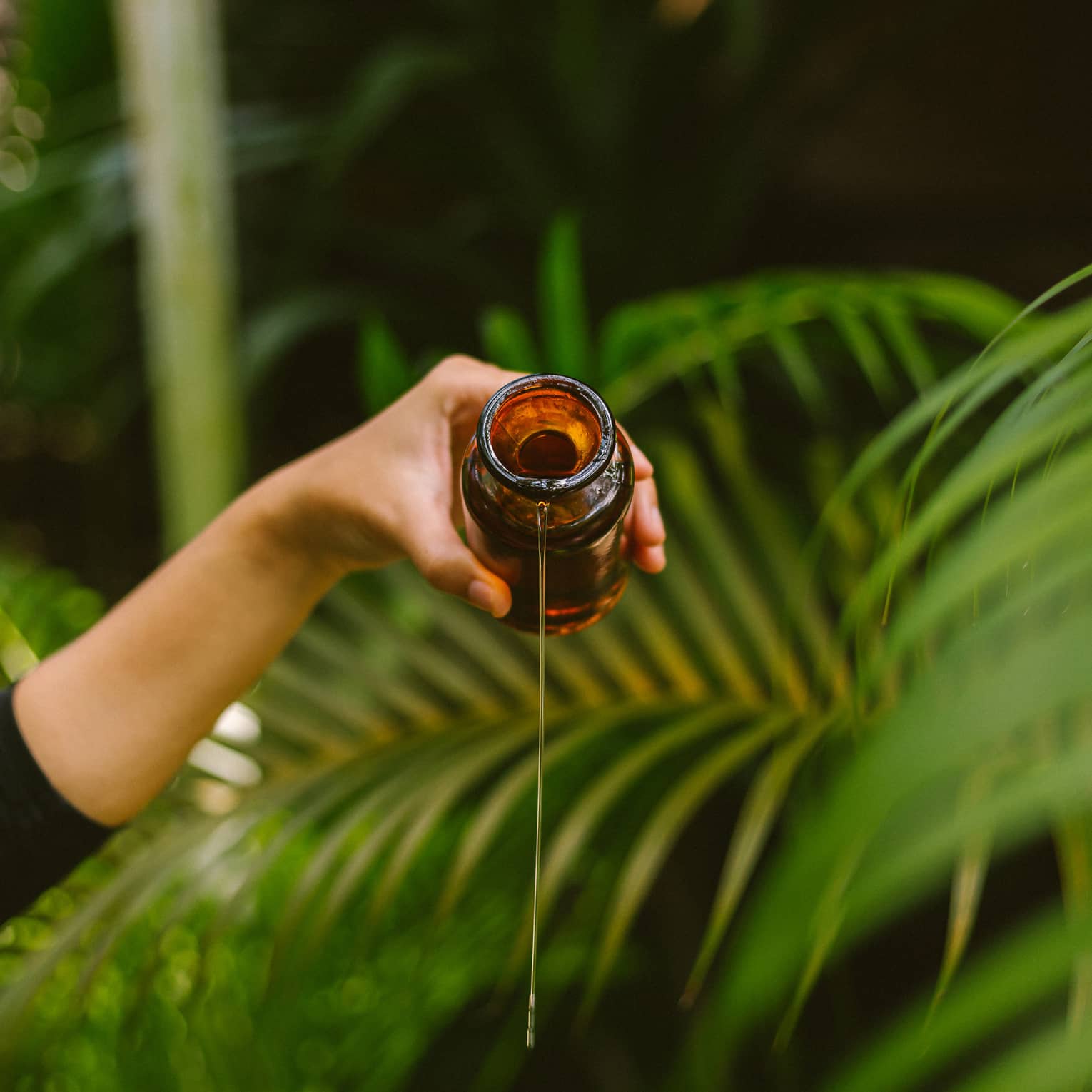 Woman holds amber-coloured glass bottle and pours oil in front of large palm leaf