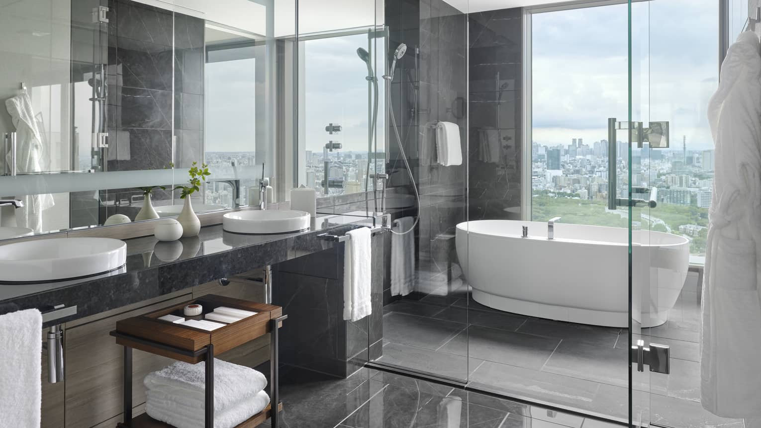 Luxurious bathroom with double-sink vanity area separated by a glass partition from the freestanding bathtub with a panoramic city view