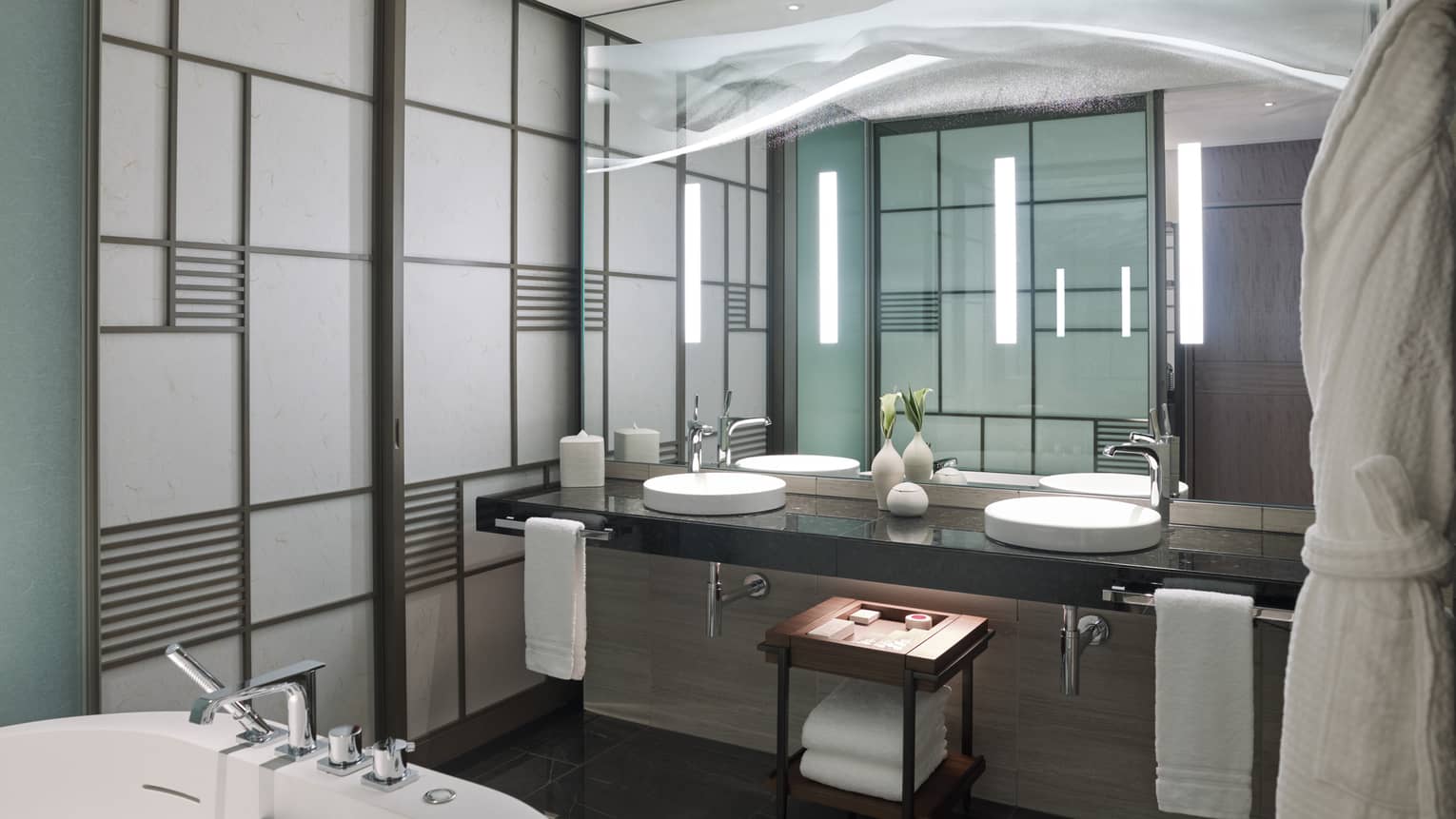 Modern bathroom with a double-sink vanity, large mirror and sleek accent lighting, featuring light-coloured panelled walls
