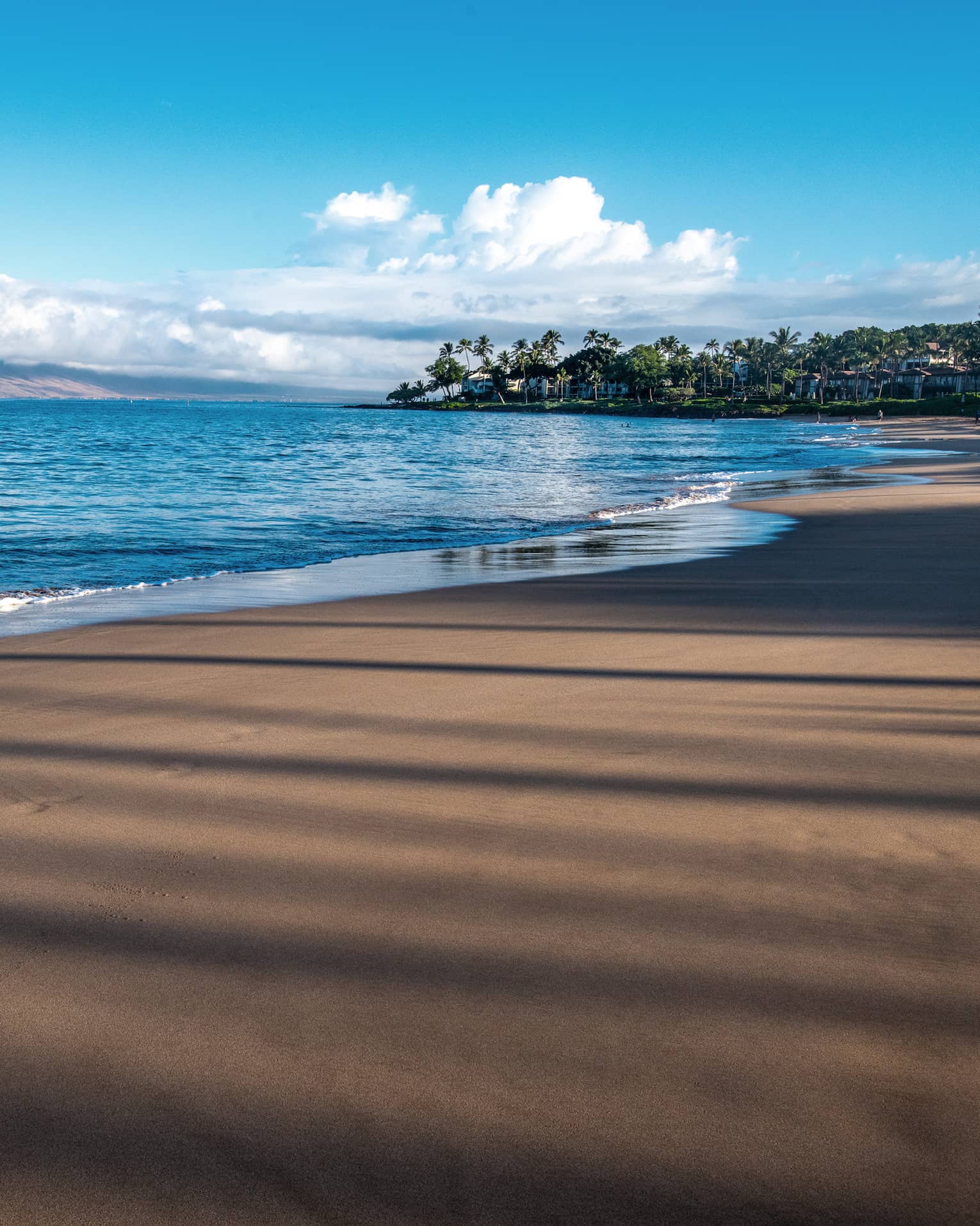 A beach shore with blue waters and a bright sky.