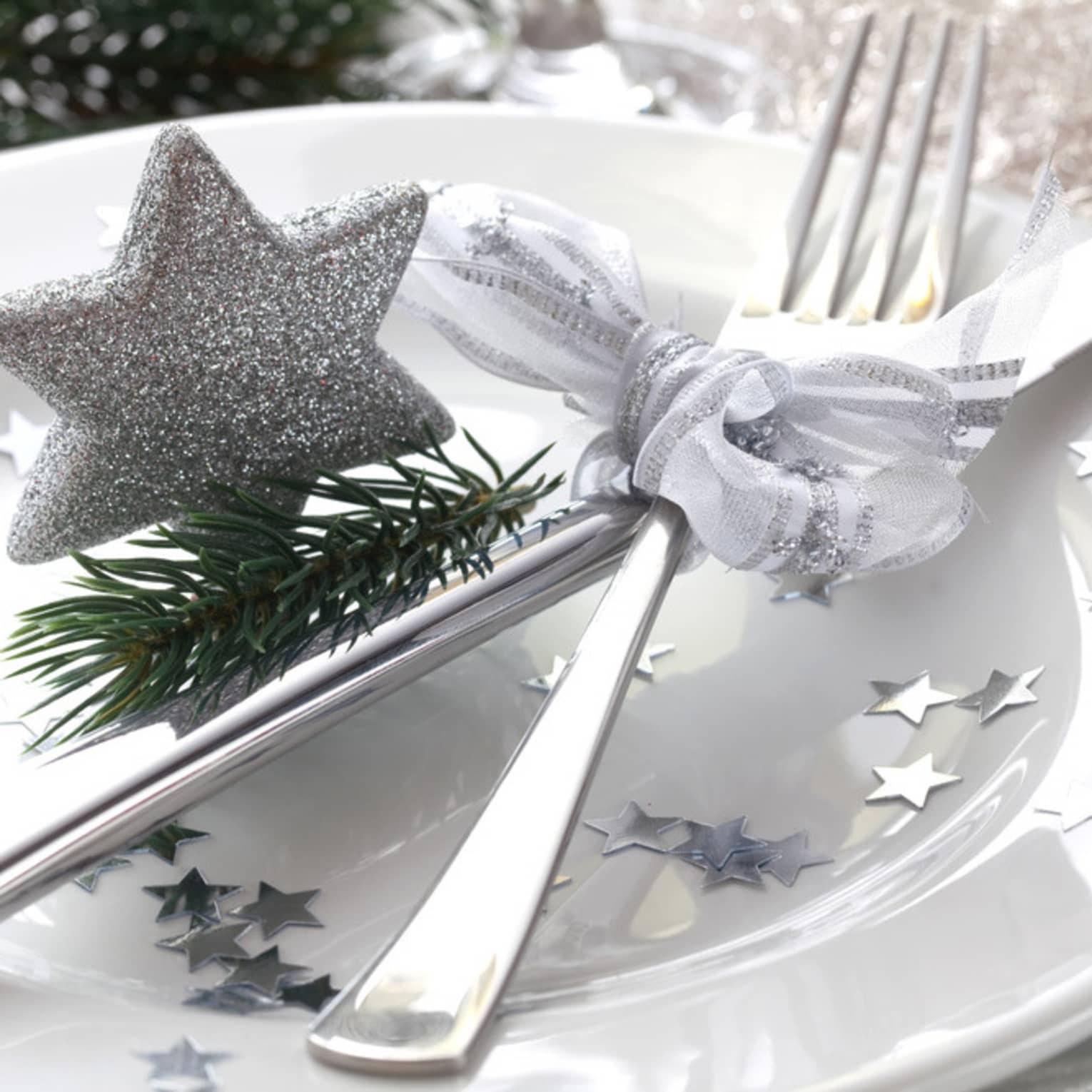 White dinner plate decorated with festive silver star confetti and motif, small fir tree cutting, and silverware tied with bow of white ribbon