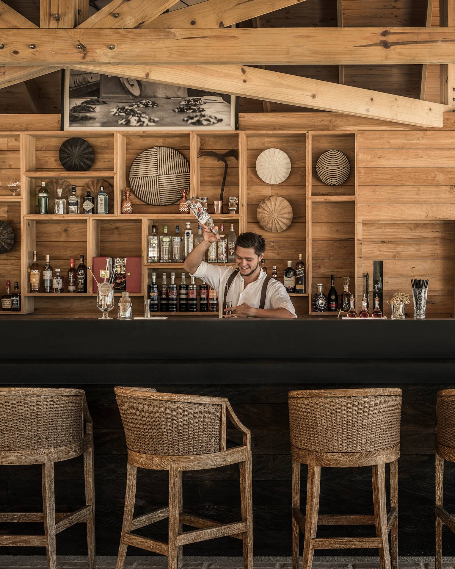 Beach Bar with wood-accented ceiling and walls