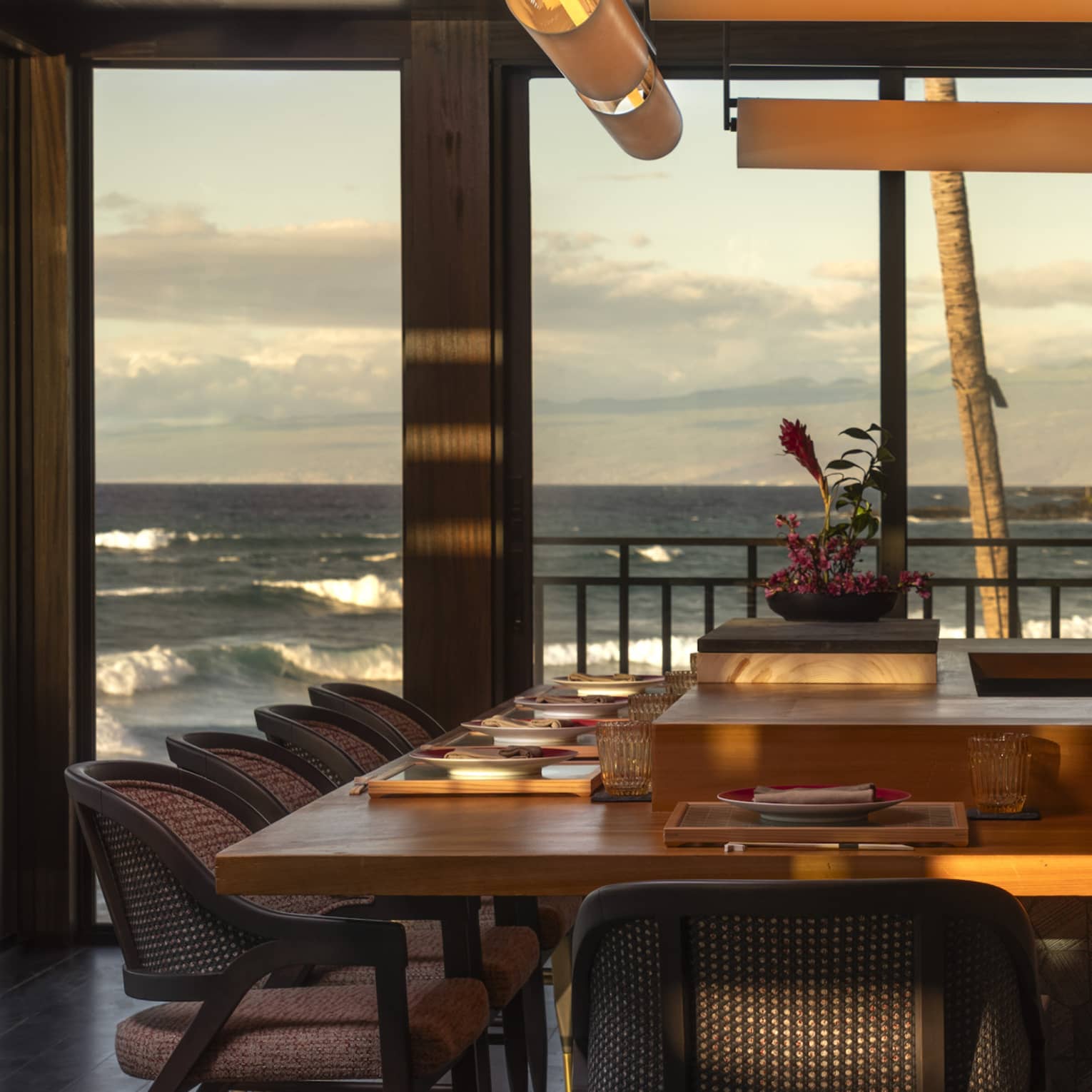U-shaped sushi bar at tropical luxury resort with ocean view