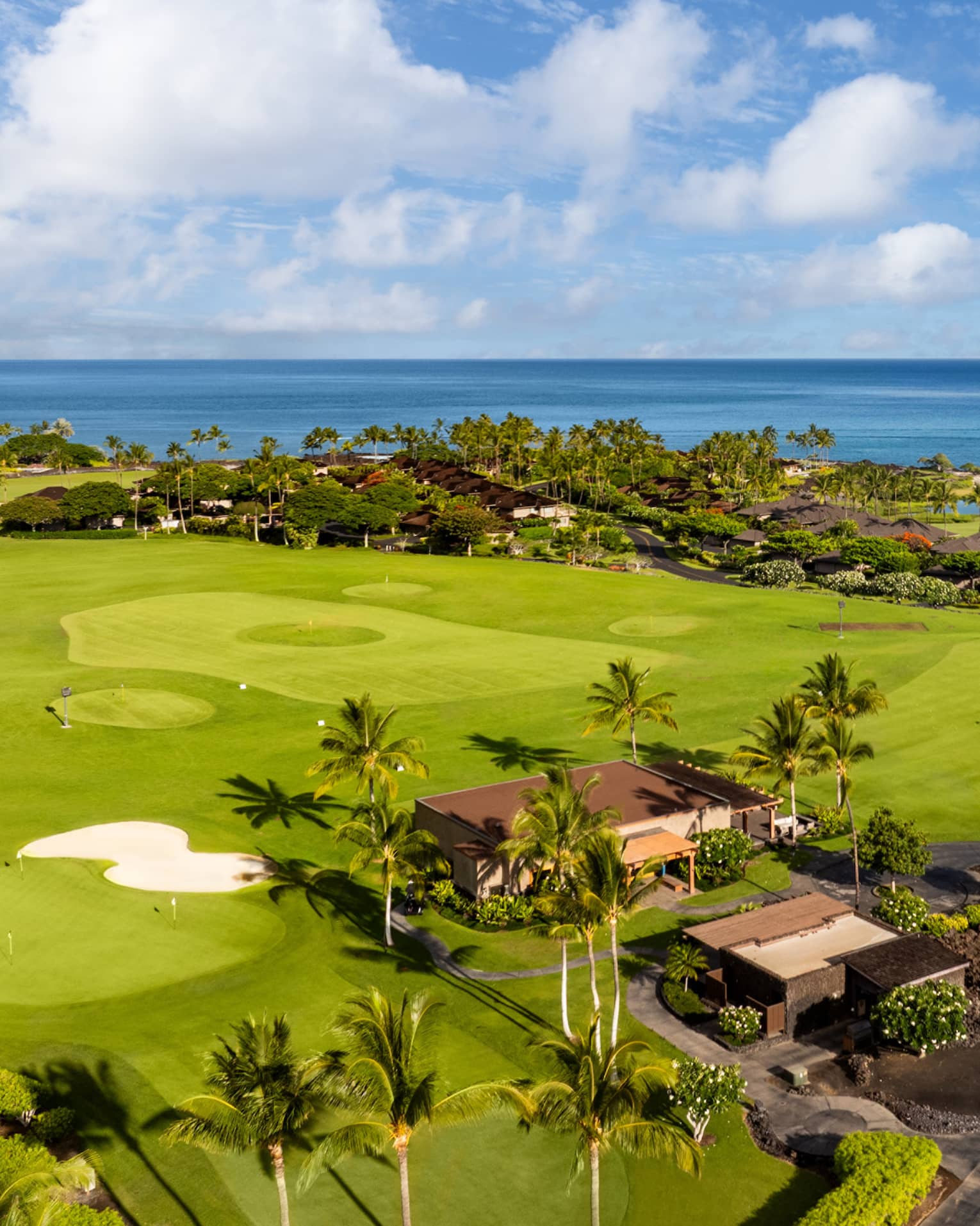 Aeriel view of a lush green golf course with natural lava formations and the ocean in the background.