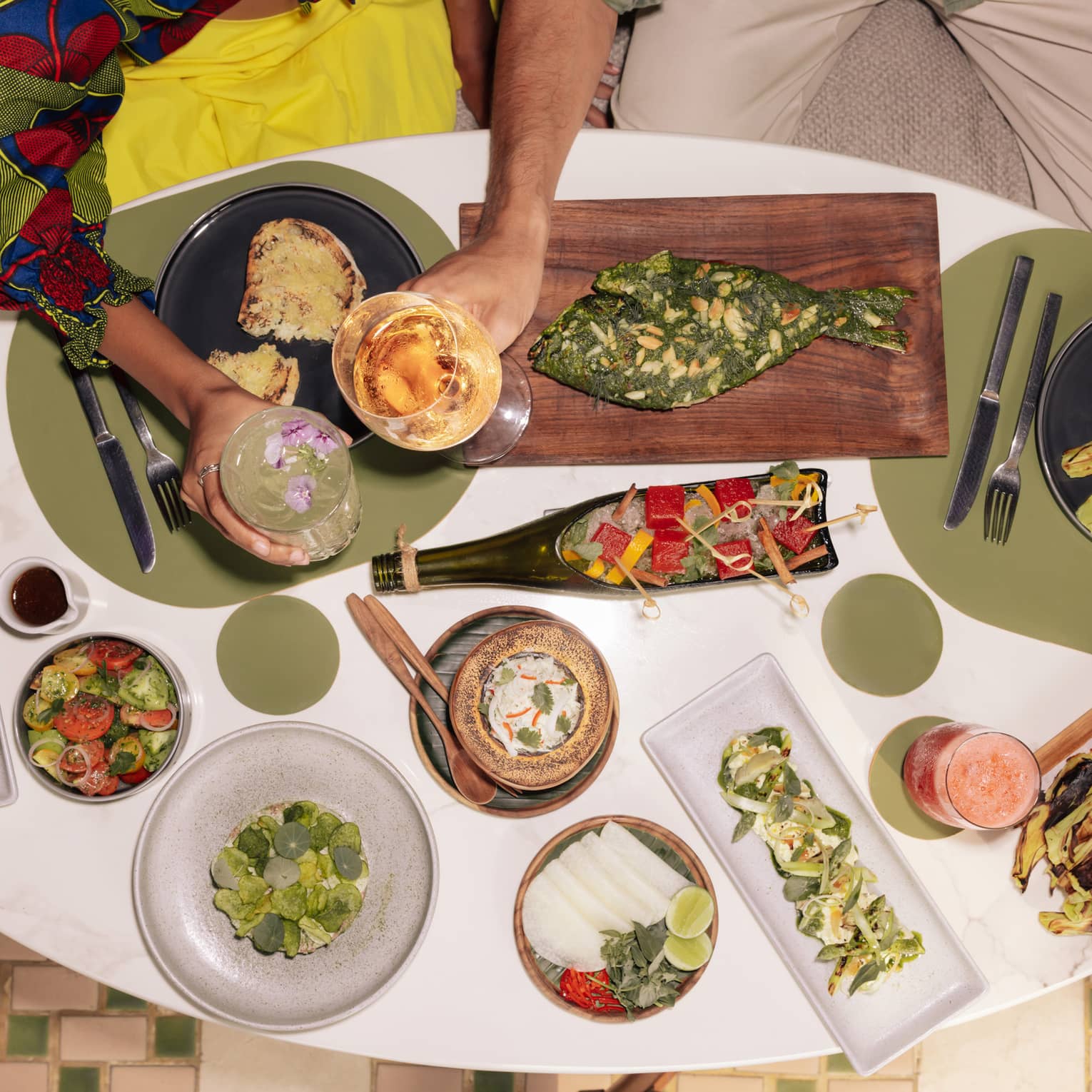 Sharing family-style dinner at luxury hotel