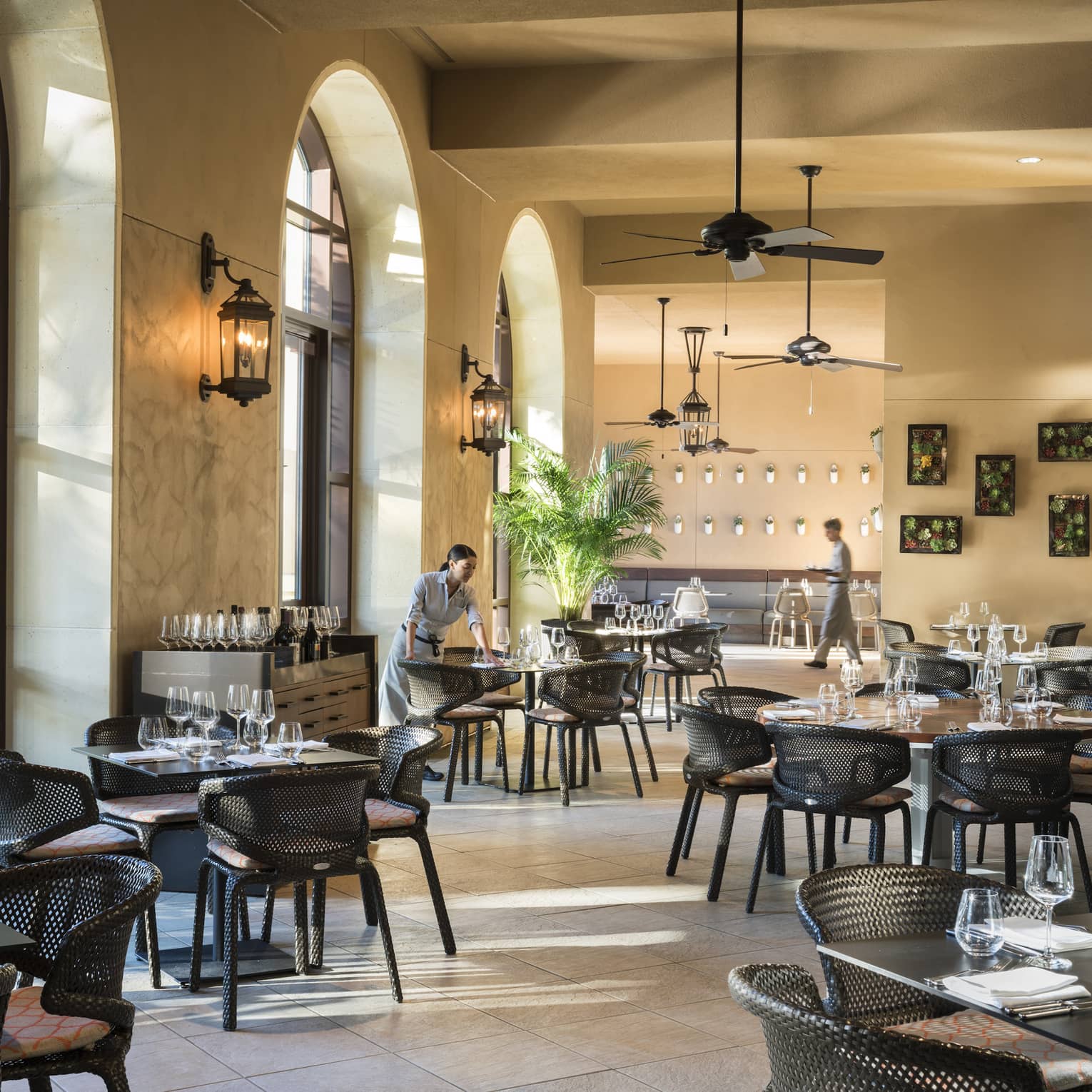 Dining room terrace with large arched windows