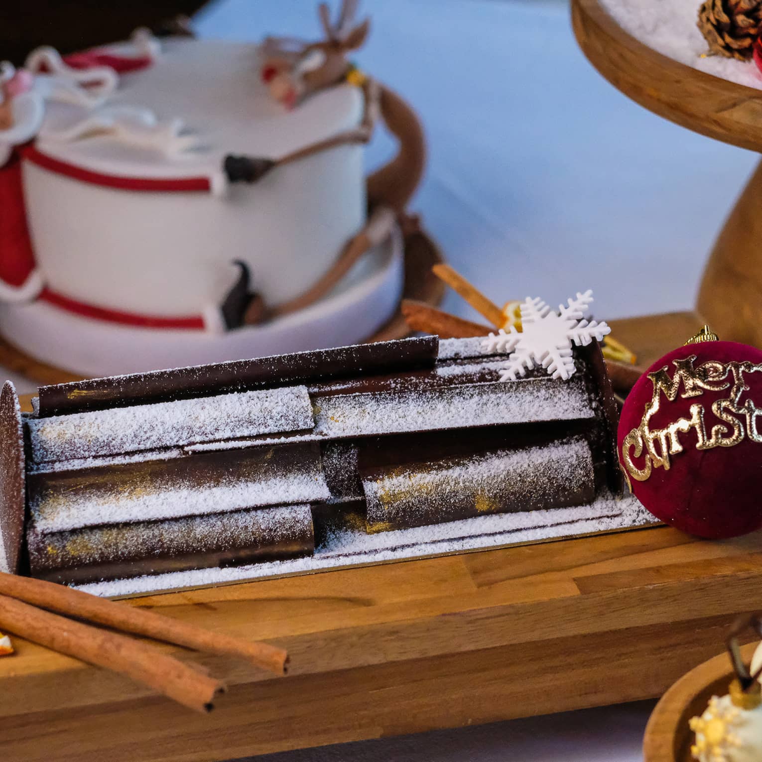 Chocolate yule log at luxury hotel