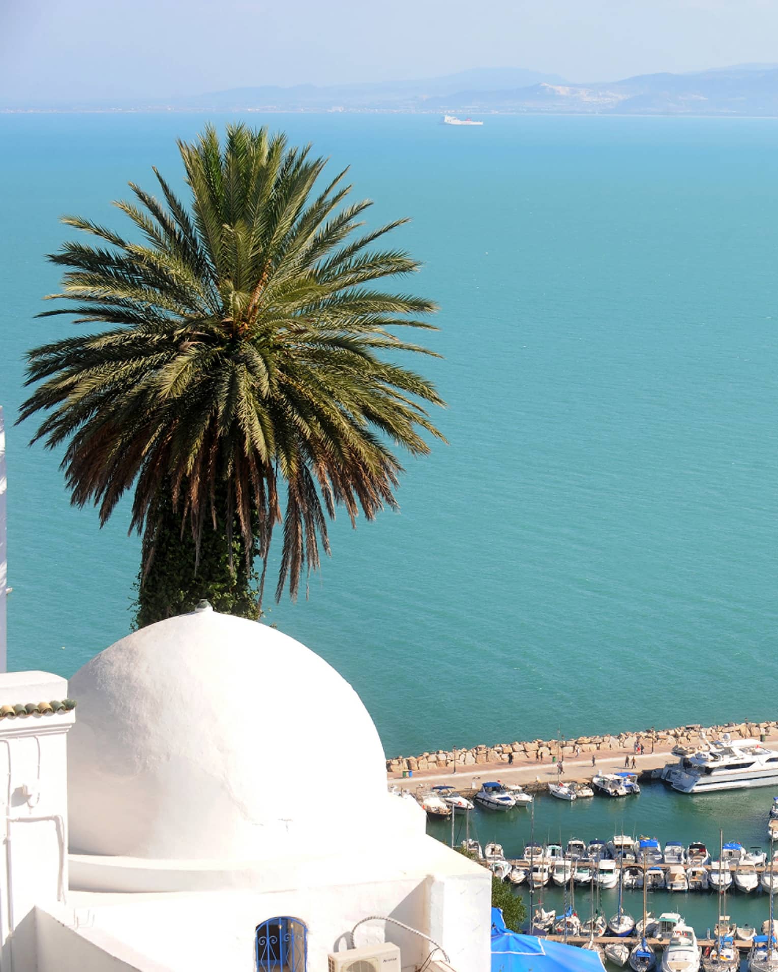 View past white post, palm tree over Mediterranean Sea, waterfront with boats, yachts lining docks