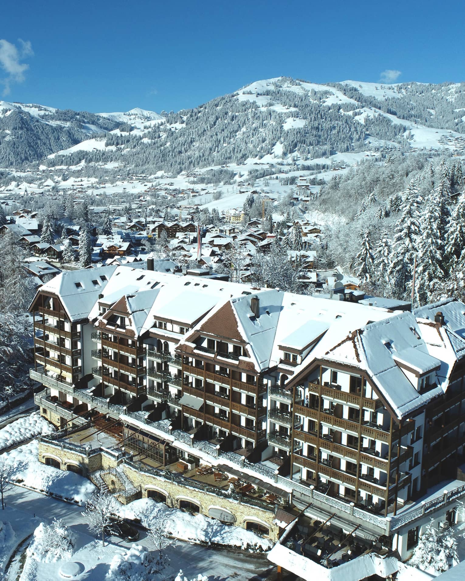 Aerial rendering of resort with mountains in background