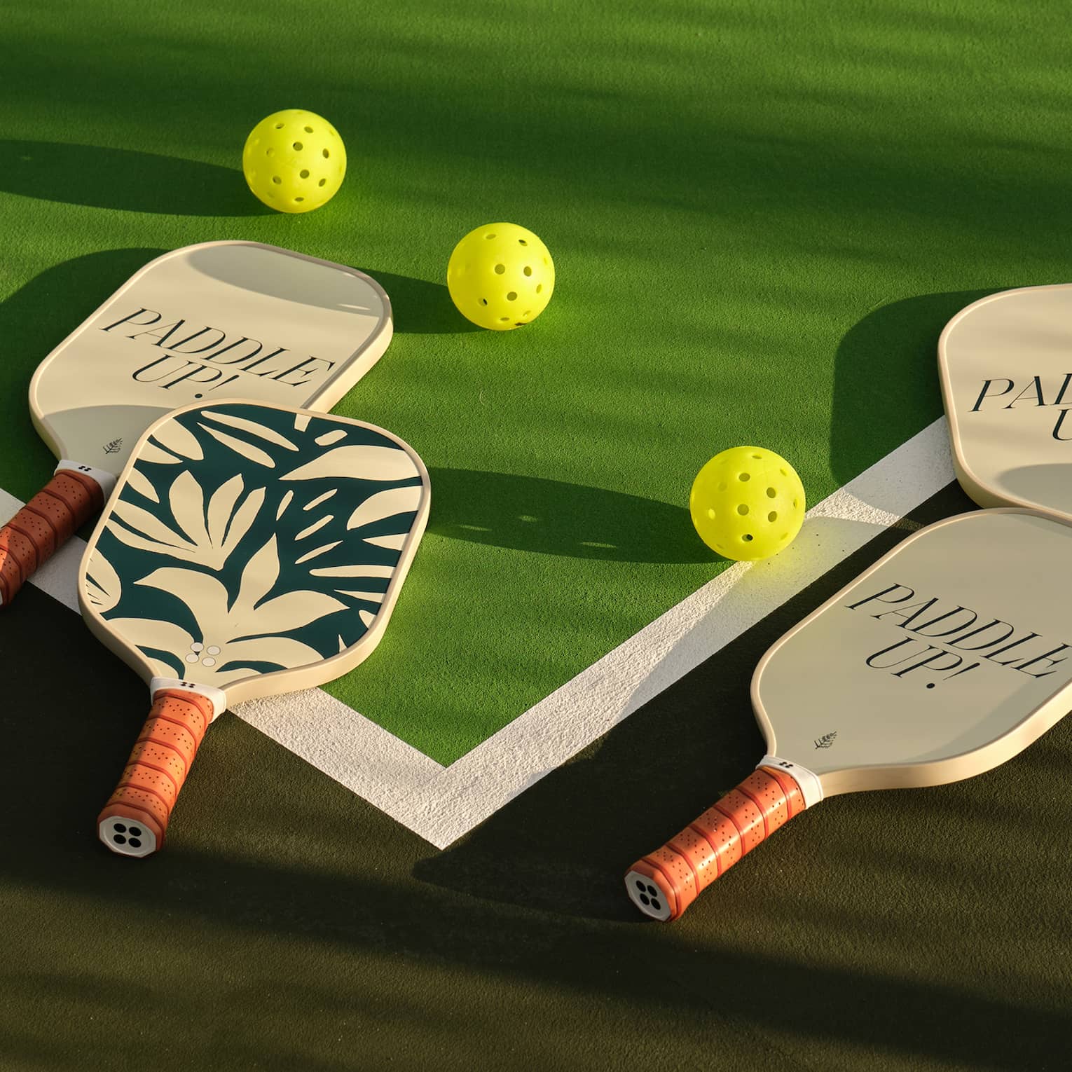 Pickleball paddles on a pickleball court