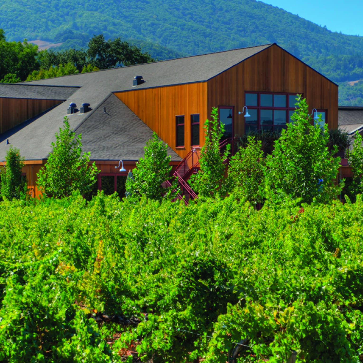 A building surrounded by trees with the mountains in the background