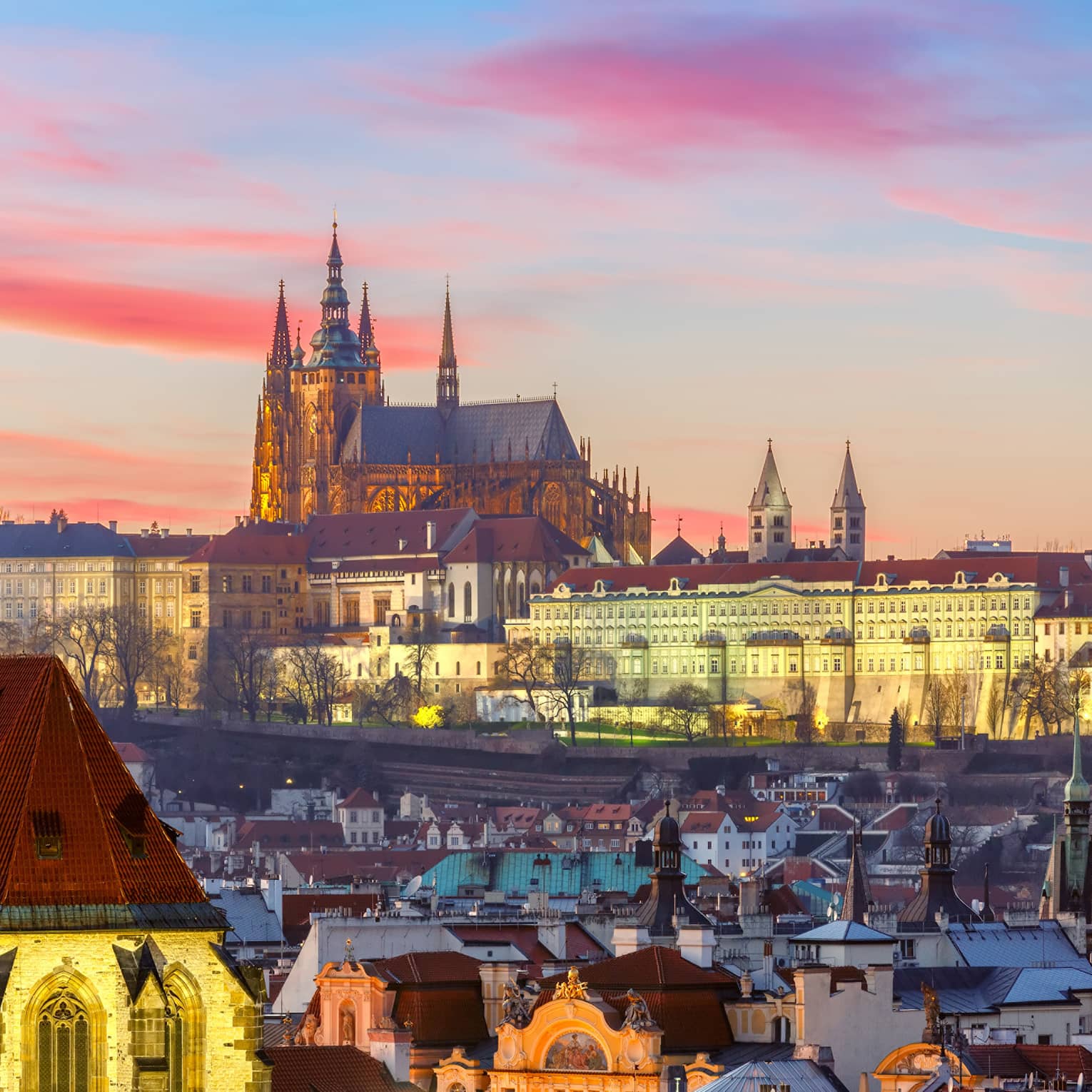 View over Prague, Czech Republic at sunset, Church of Our Lady before Tyn, Old Town