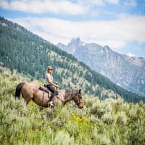 Person riding a horse down a steep mountain valley with pine-covered slopes and snow-capped peaks in the background