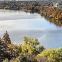 A large body of water surrounded by trees.