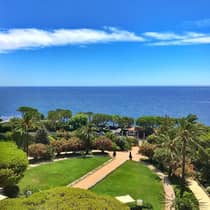 View across green lawn, trees and sea under blue sky