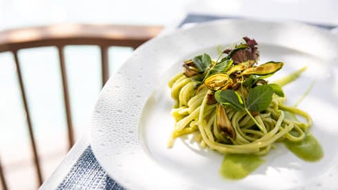 Pasta with green sauce, garnished with salad greens served on white plate