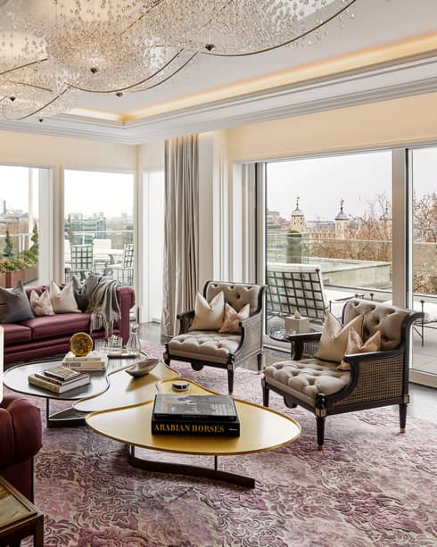 Residence living area and terrace, with views of Tower Bridge through the window