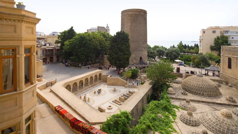 Aerial view of 12th century Icheri Sheher, or The Inner City, historic walls on a sunny day