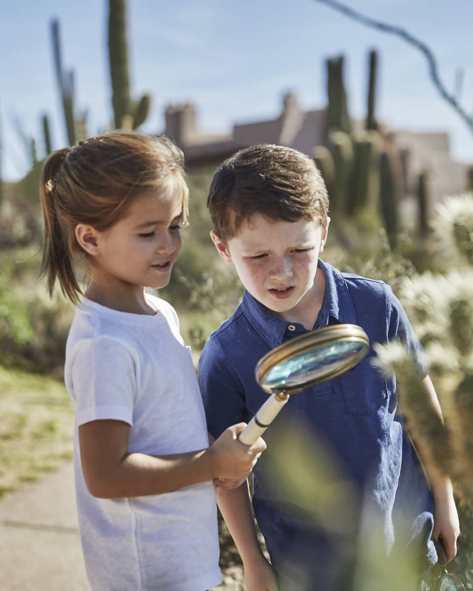 A little boy and girl investigate a cacti's arm with a magnifying glass