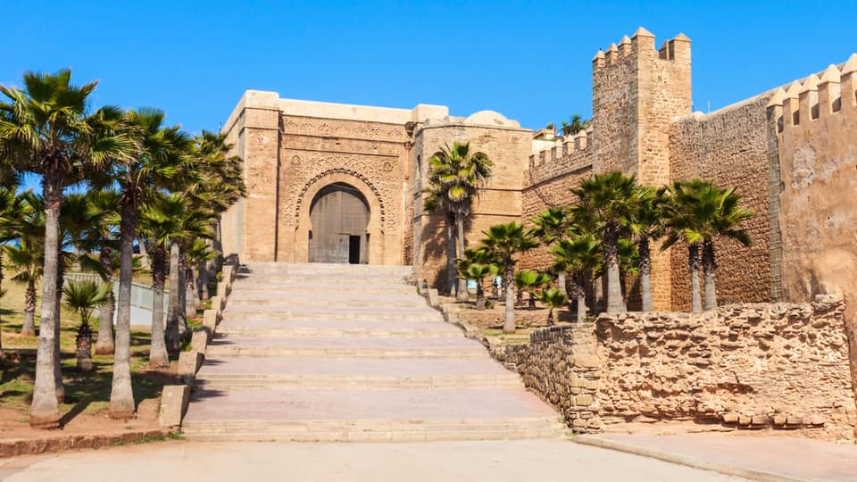 Wide stone steps flanked by palms lead up to a sprawling castle-like building with a massive arched entrance and battlements.