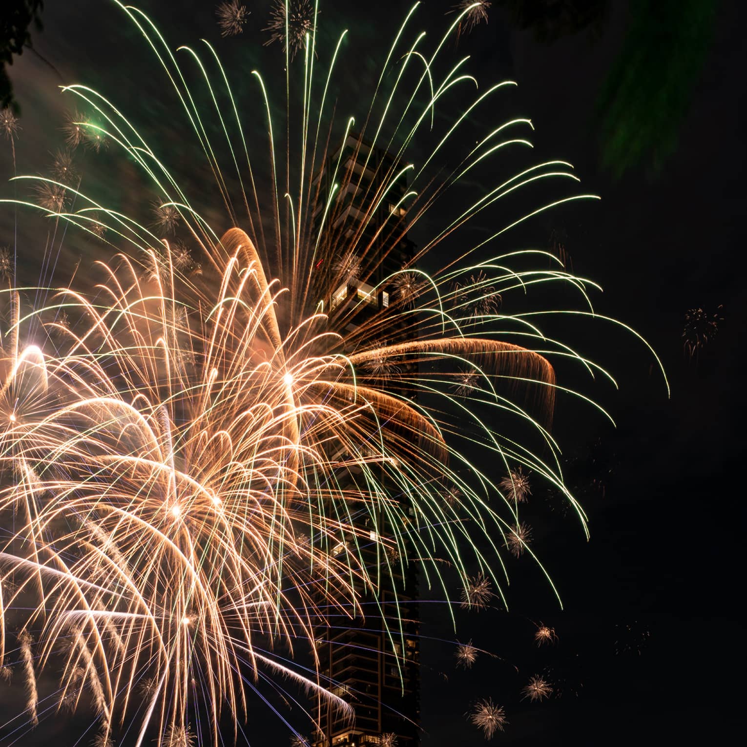 Colourful fireworks are set off at night by the river