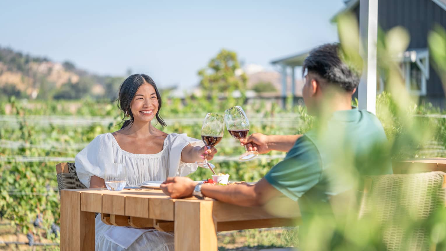 Two people sitting at an outdoor table in a vineyard, toasting with glasses of red wine, with greenery and hills in the background.
