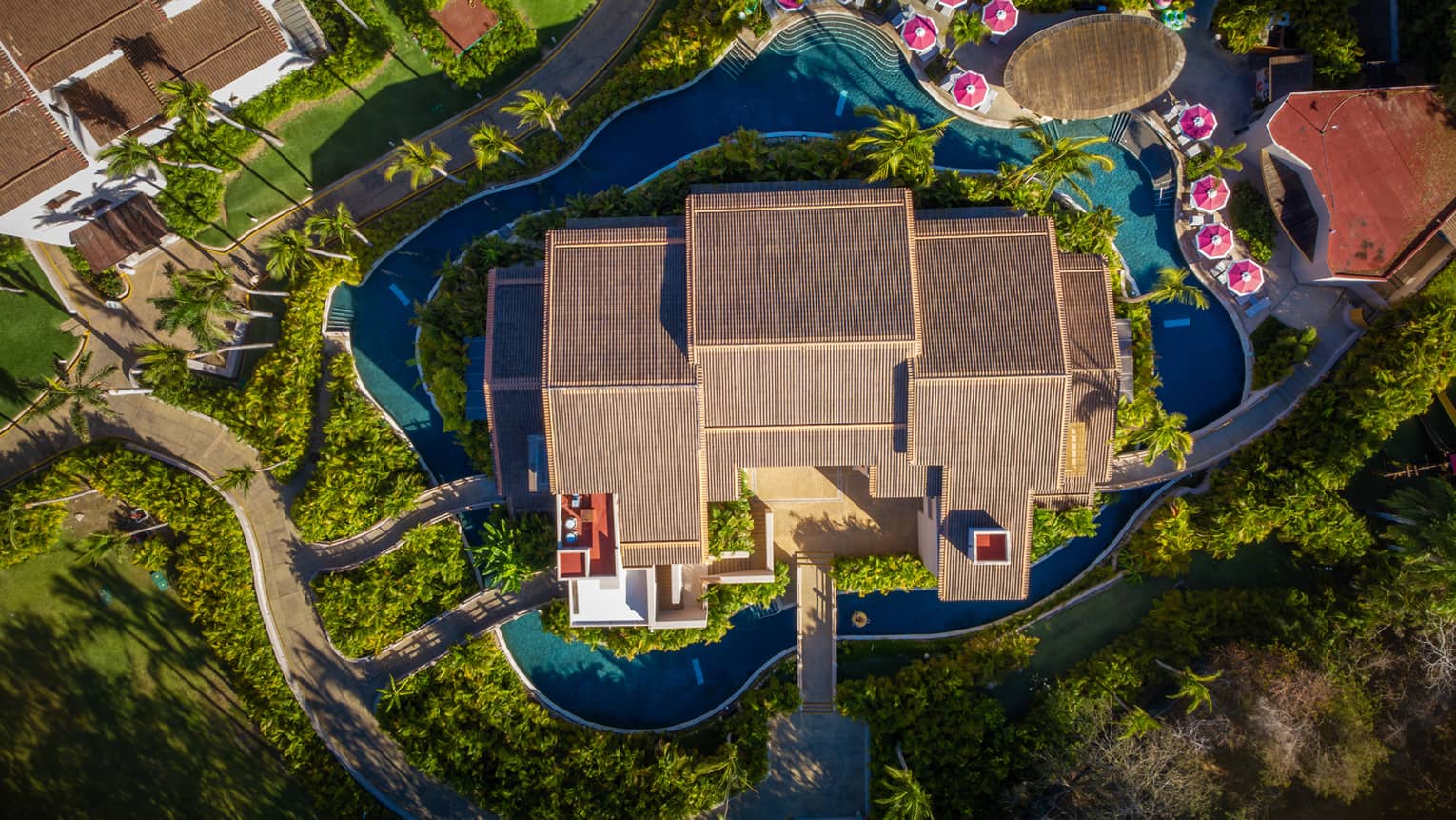A bird's-eye view of a resort and the surrounding grounds