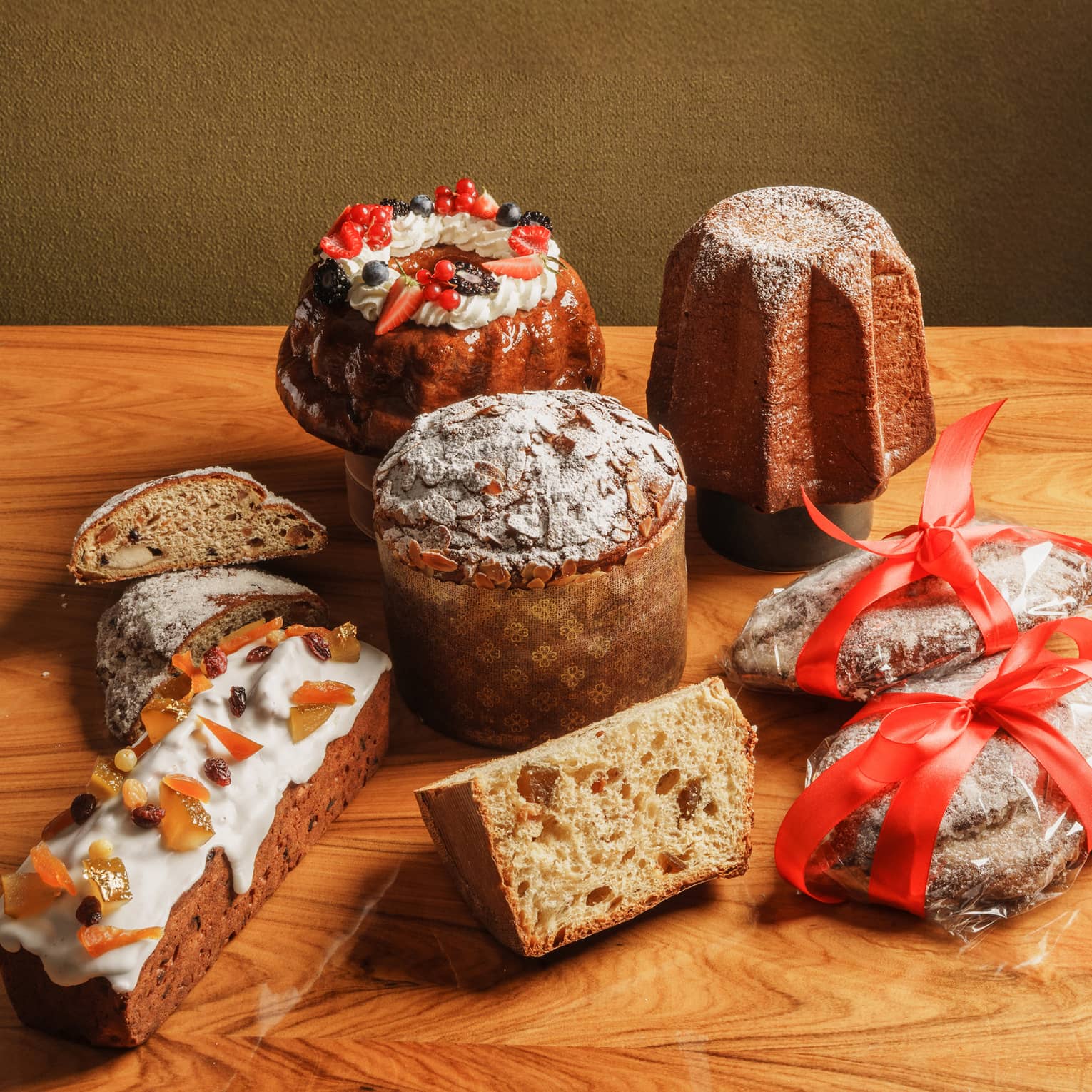 Collection of holiday desserts on a wooden table