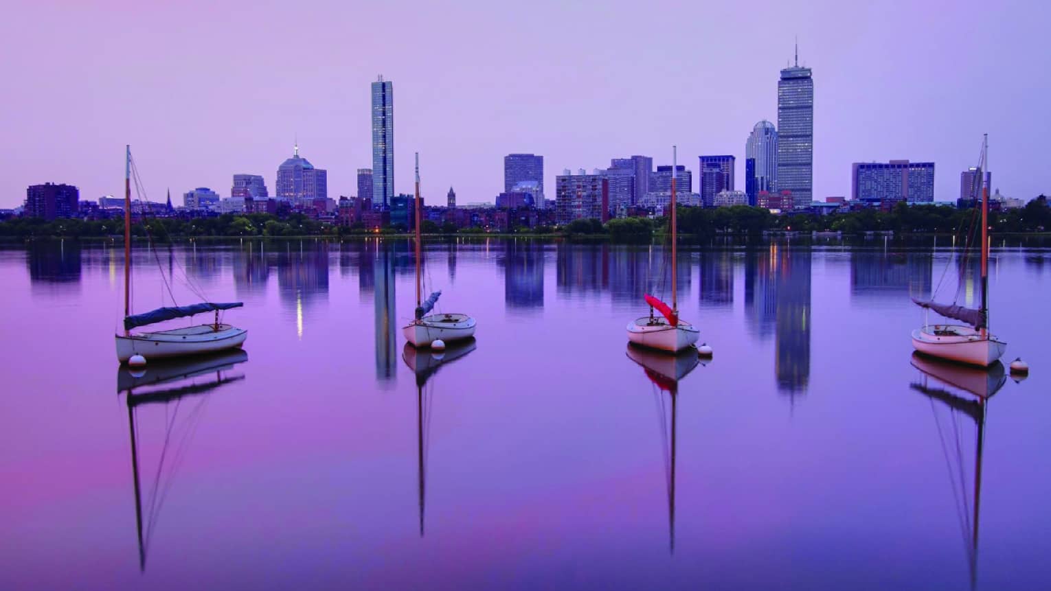 Sailboats parked on the Charles River, Boston skyline in background, purple sunrise